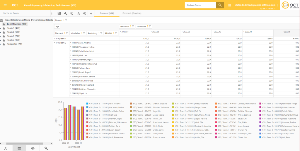 OCT Kapazitätsplanung: Webpivot Darstellung des Forcasts auf Team und Mitarbeiterebene