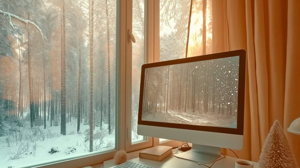 Ein Computer vor einem Fenster mit einer verschneiten Landschaft.